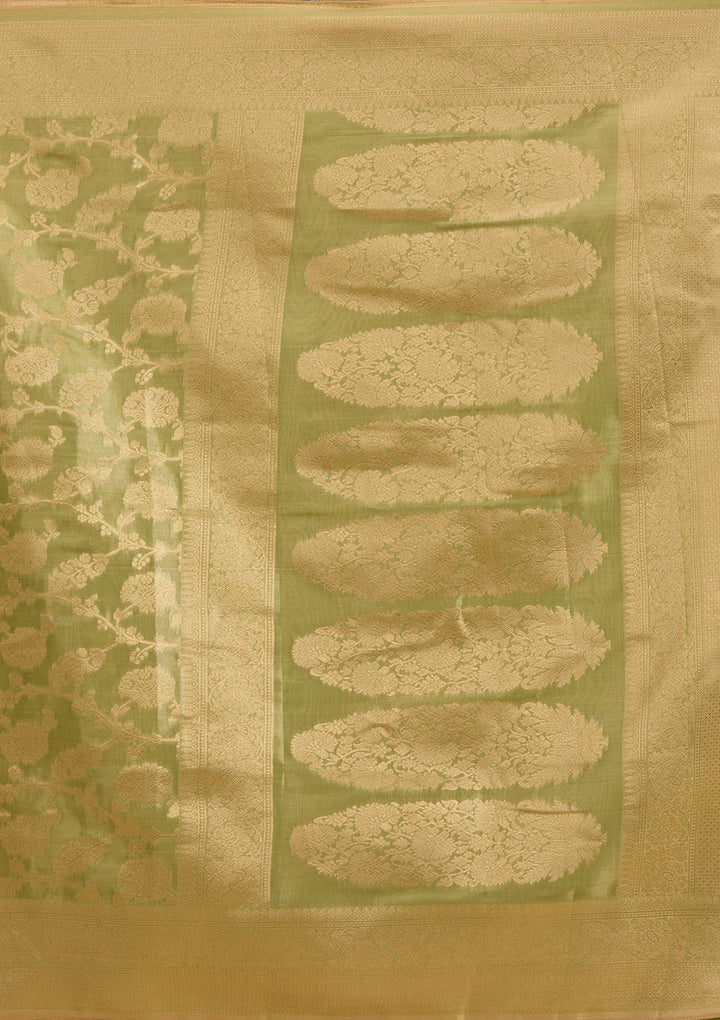 Leaf Green Silk Jaal Gold Zariwork Saree With Matching Blouse Piece