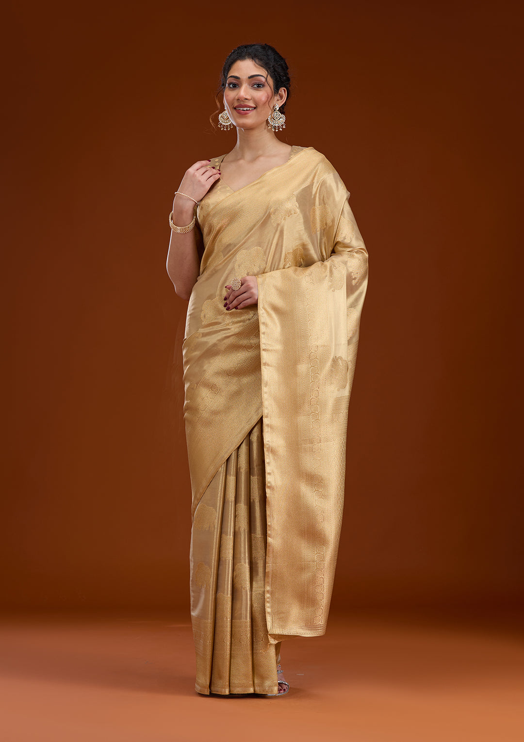 Beige Silk Buti Gold Zariwork Saree With Matching Blouse Piece