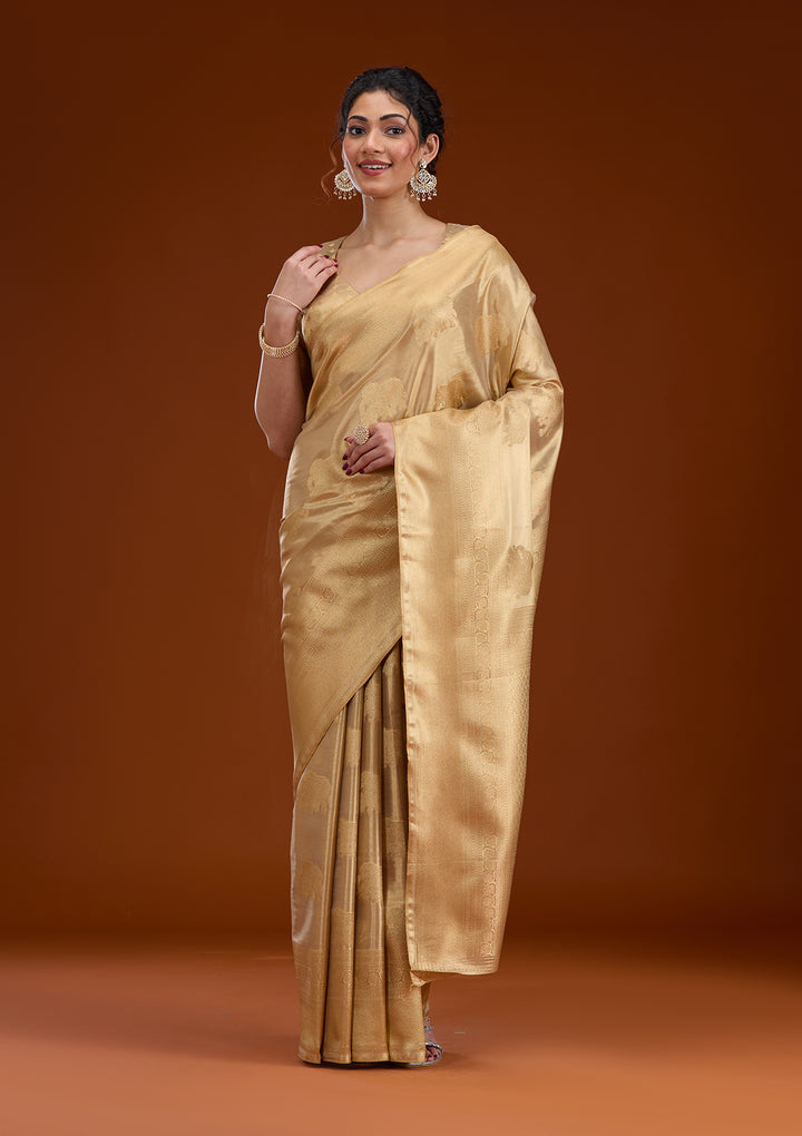 Beige Silk Buti Gold Zariwork Saree With Matching Blouse Piece
