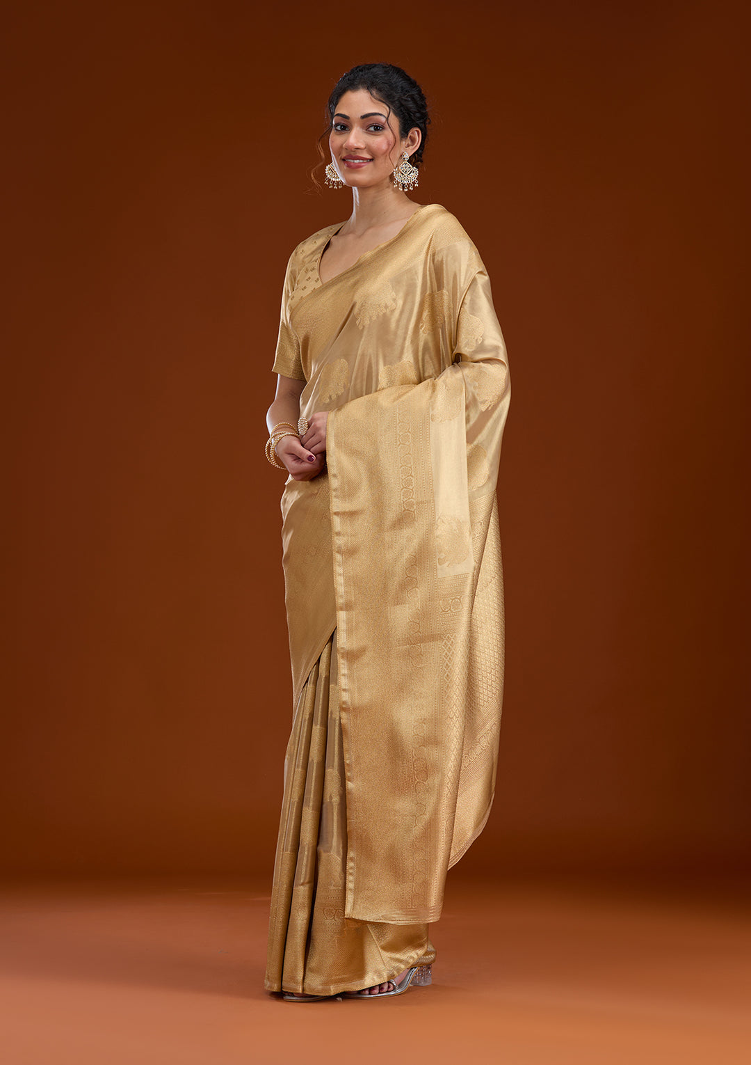 Beige Silk Buti Gold Zariwork Saree With Matching Blouse Piece