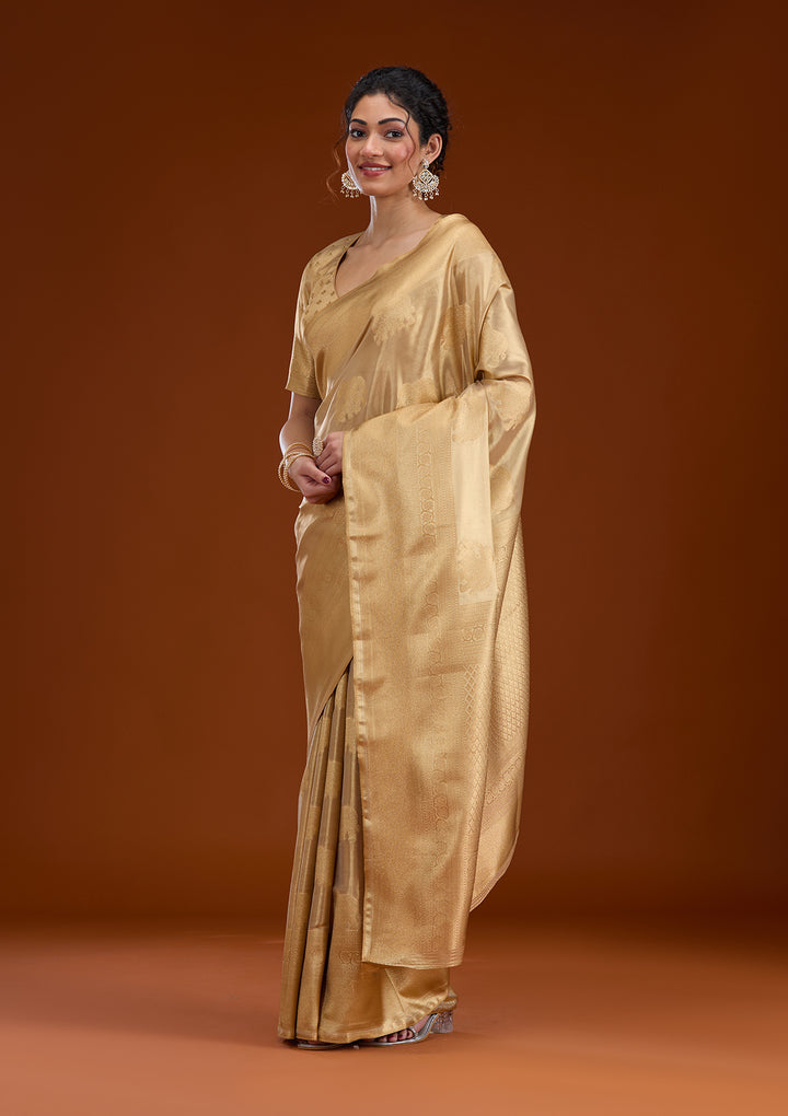 Beige Silk Buti Gold Zariwork Saree With Matching Blouse Piece