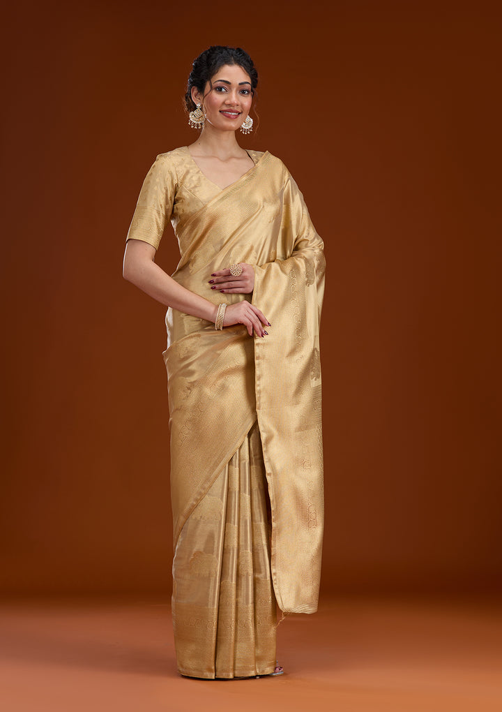 Beige Silk Buti Gold Zariwork Saree With Matching Blouse Piece