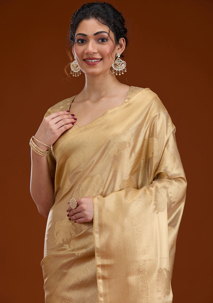 Beige Silk Buti Gold Zariwork Saree With Matching Blouse Piece
