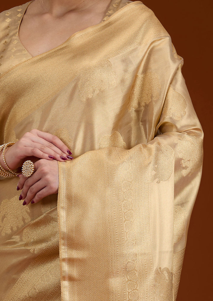 Beige Silk Buti Gold Zariwork Saree With Matching Blouse Piece