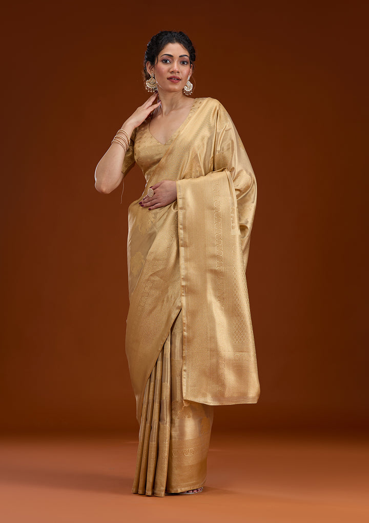 Beige Silk Buti Gold Zariwork Saree With Matching Blouse Piece