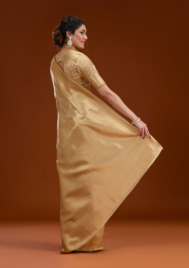 Beige Silk Buti Gold Zariwork Saree With Matching Blouse Piece