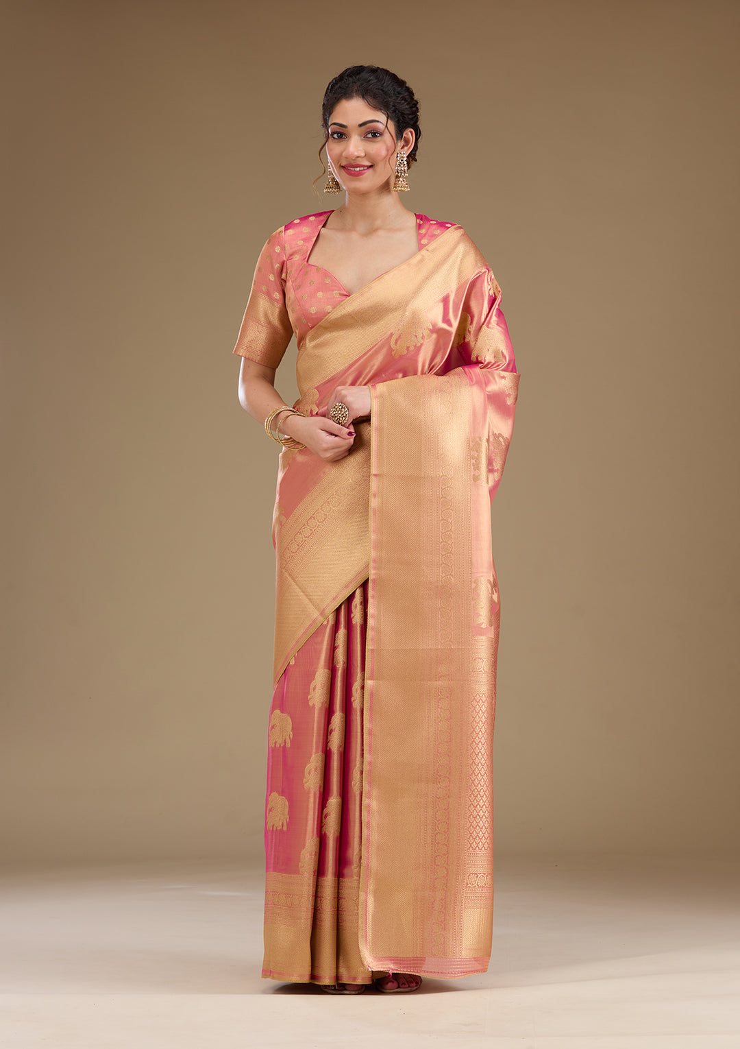 Onion Pink Silk Buti Gold Zariwork Saree With Matching Blouse Piece