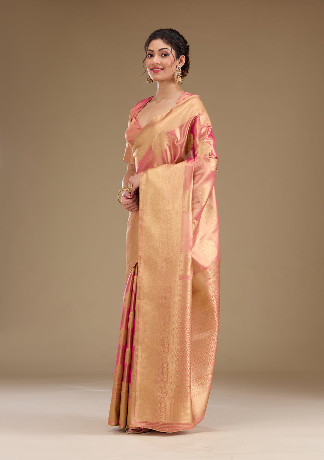 Onion Pink Silk Buti Gold Zariwork Saree With Matching Blouse Piece