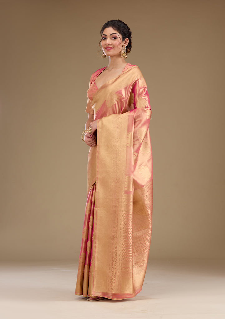 Onion Pink Silk Buti Gold Zariwork Saree With Matching Blouse Piece