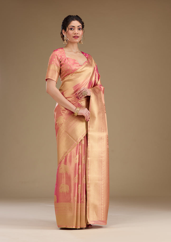 Onion Pink Silk Buti Gold Zariwork Saree With Matching Blouse Piece