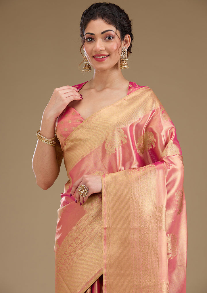 Onion Pink Silk Buti Gold Zariwork Saree With Matching Blouse Piece