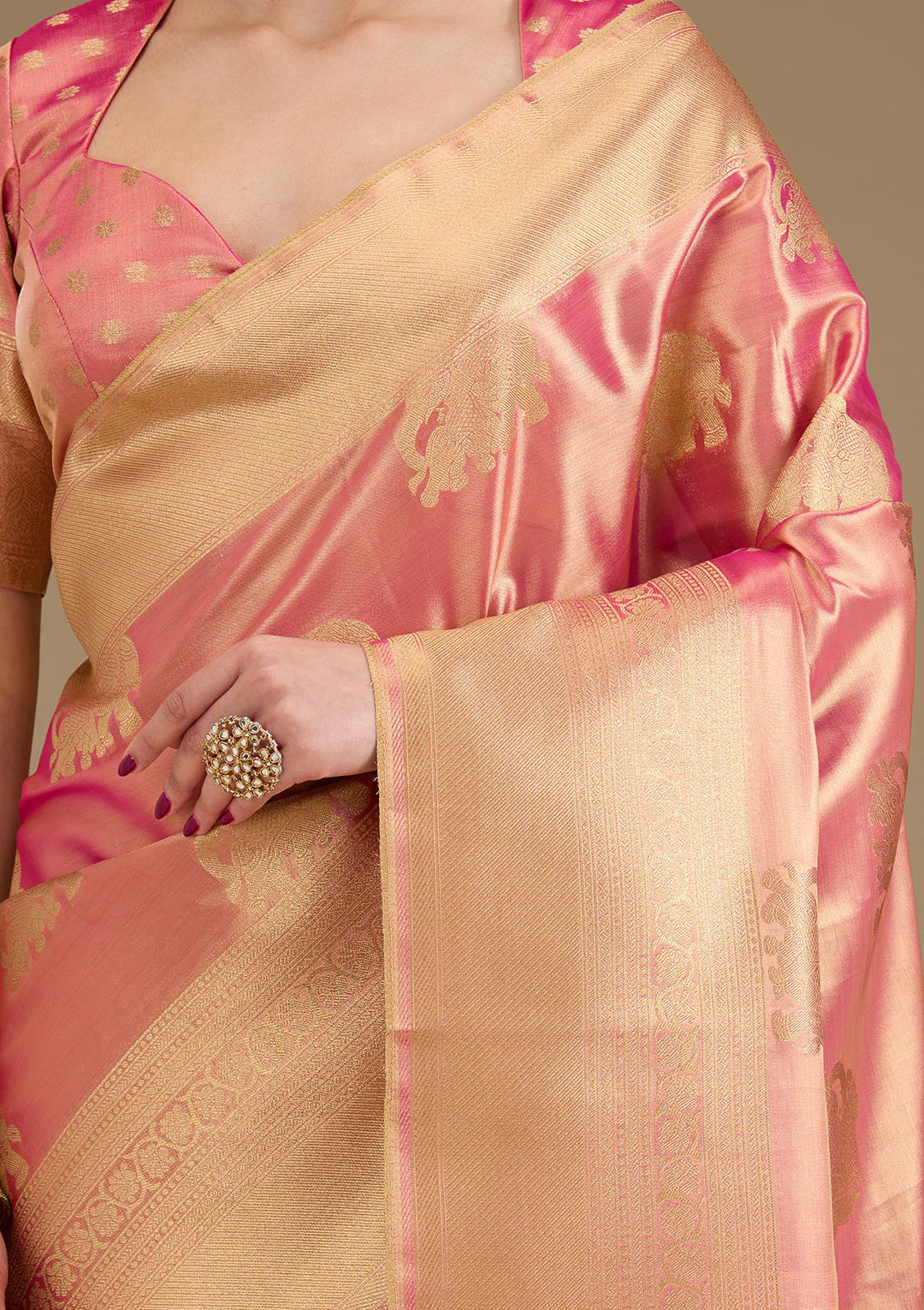 Onion Pink Silk Buti Gold Zariwork Saree With Matching Blouse Piece