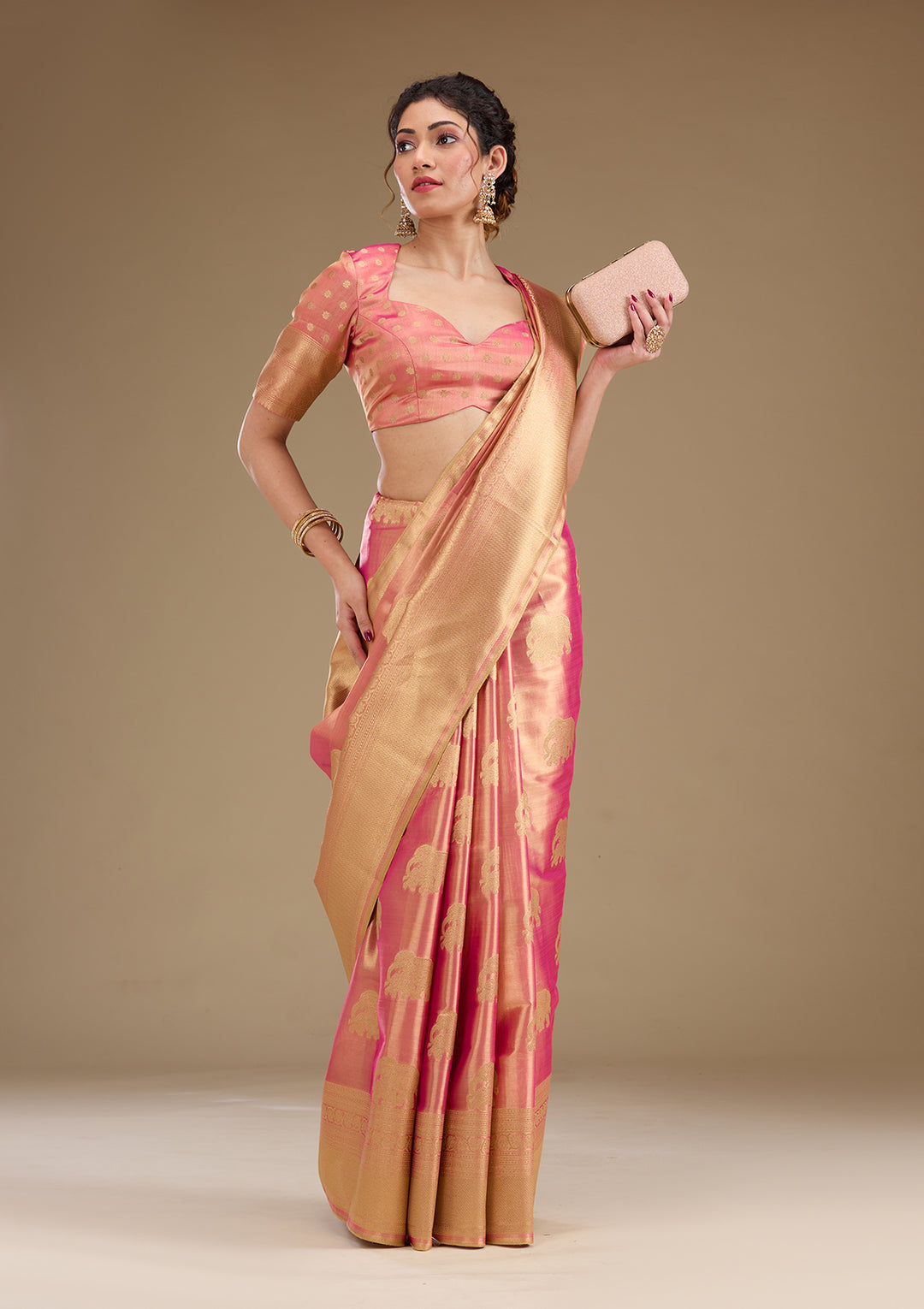 Onion Pink Silk Buti Gold Zariwork Saree With Matching Blouse Piece