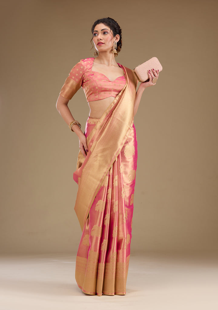 Onion Pink Silk Buti Gold Zariwork Saree With Matching Blouse Piece