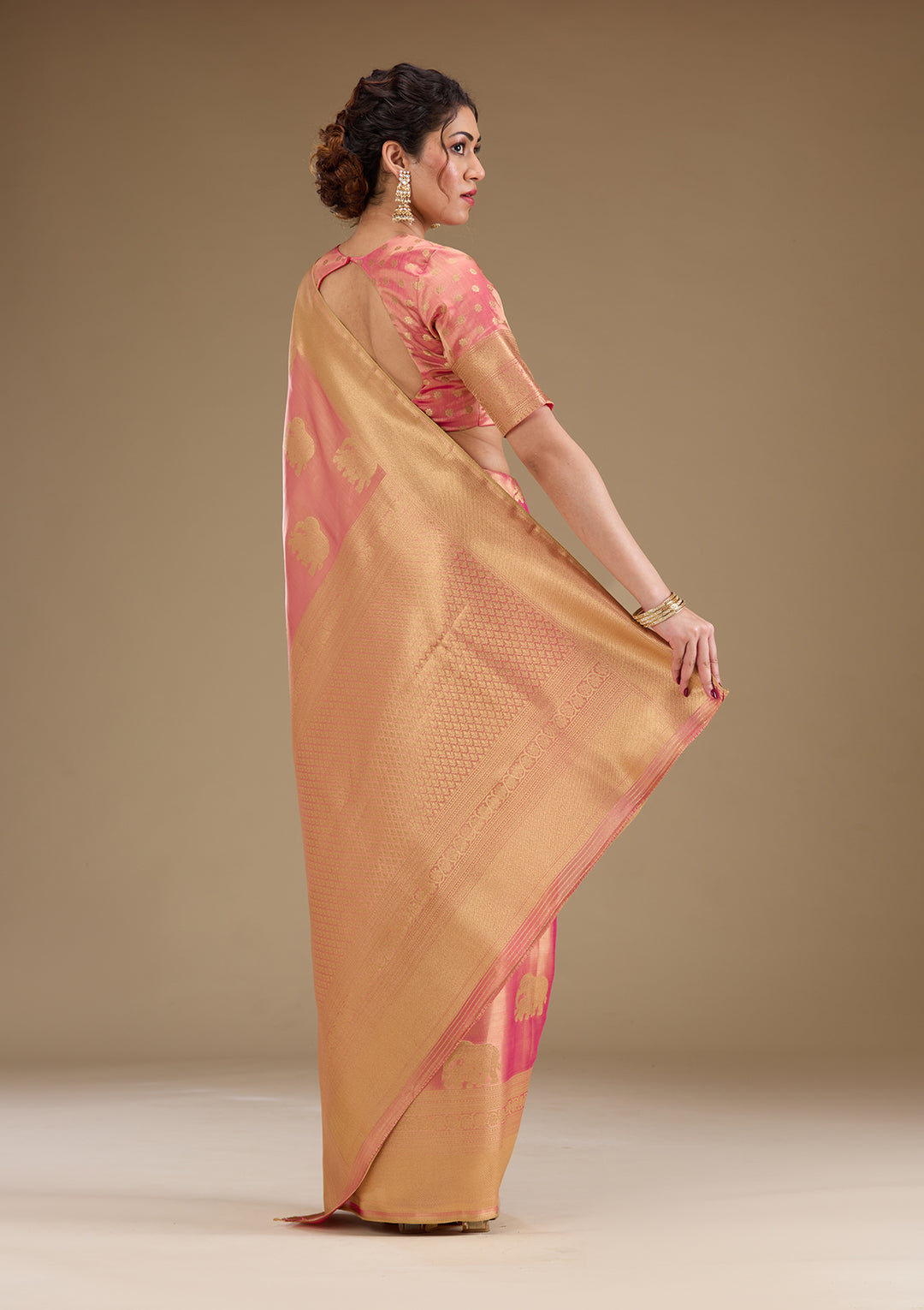 Onion Pink Silk Buti Gold Zariwork Saree With Matching Blouse Piece