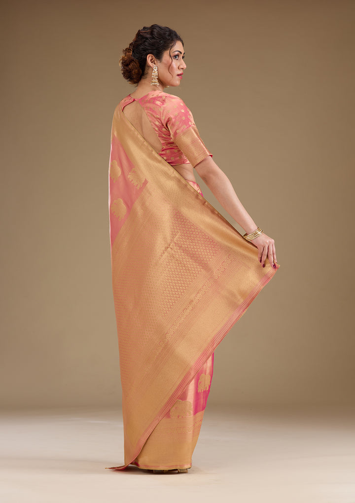 Onion Pink Silk Buti Gold Zariwork Saree With Matching Blouse Piece