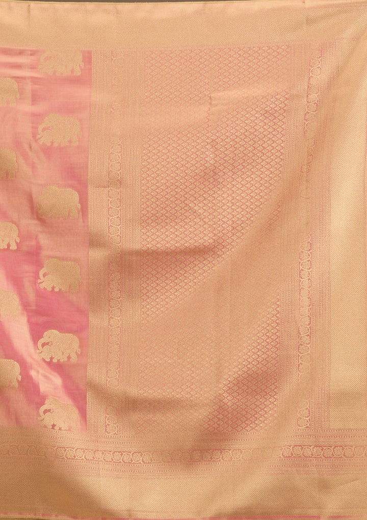 Onion Pink Silk Buti Gold Zariwork Saree With Matching Blouse Piece