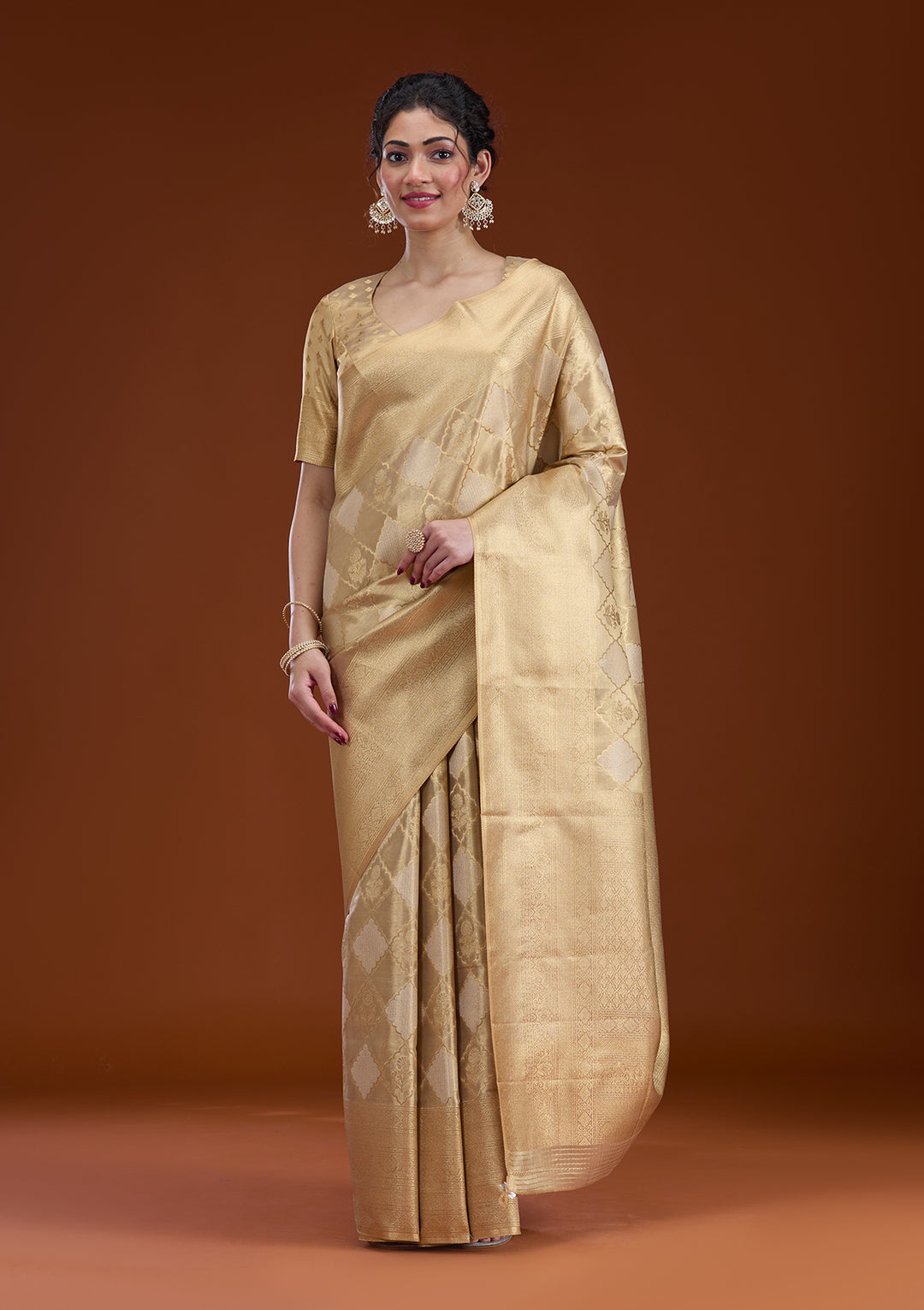 Beige Silk Checks Gold Zariwork Saree With Matching Blouse Piece