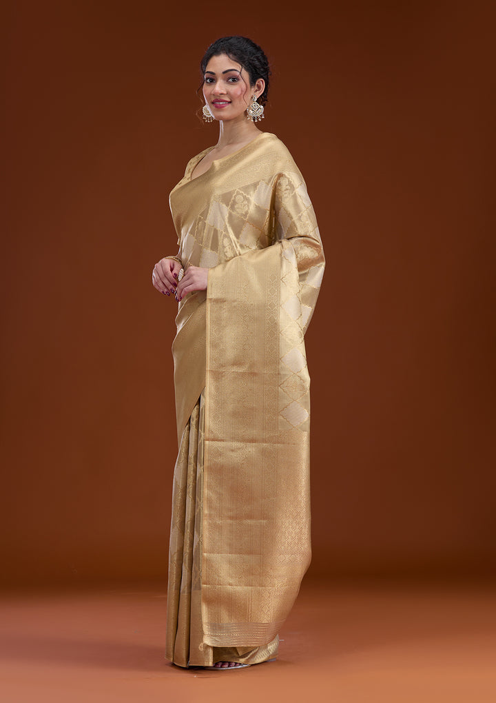 Beige Silk Checks Gold Zariwork Saree With Matching Blouse Piece