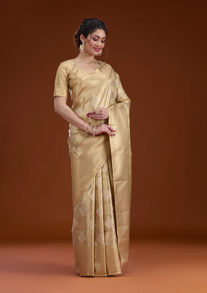 Beige Silk Checks Gold Zariwork Saree With Matching Blouse Piece