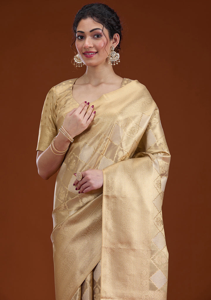 Beige Silk Checks Gold Zariwork Saree With Matching Blouse Piece