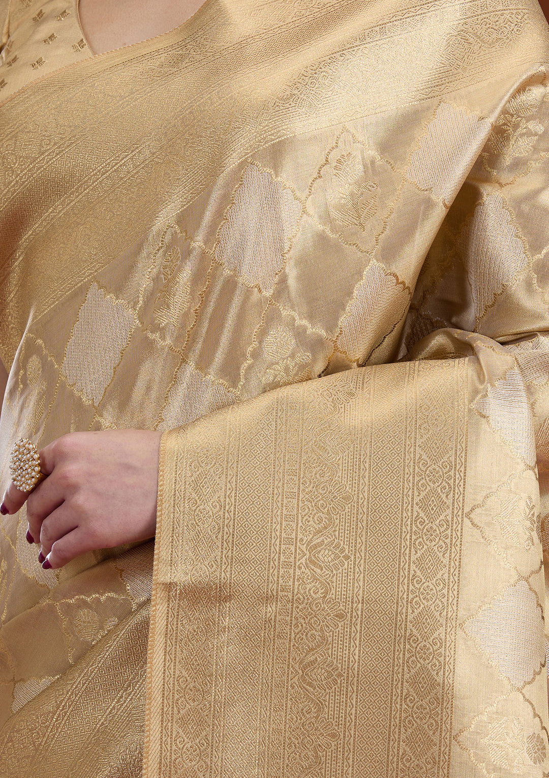 Beige Silk Checks Gold Zariwork Saree With Matching Blouse Piece