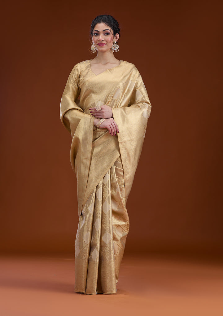Beige Silk Checks Gold Zariwork Saree With Matching Blouse Piece