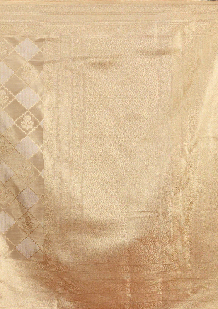 Beige Silk Checks Gold Zariwork Saree With Matching Blouse Piece
