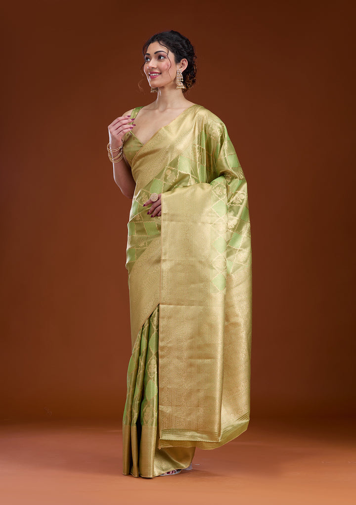 Leaf Green Silk Checks Gold Zariwork Saree With Matching Blouse Piece