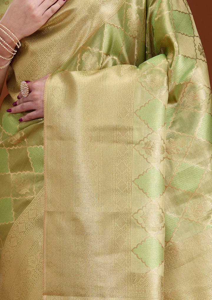 Leaf Green Silk Checks Gold Zariwork Saree With Matching Blouse Piece