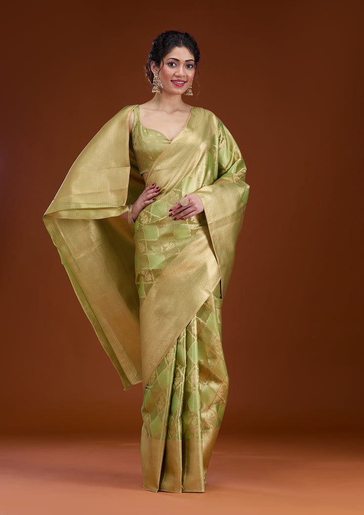 Leaf Green Silk Checks Gold Zariwork Saree With Matching Blouse Piece