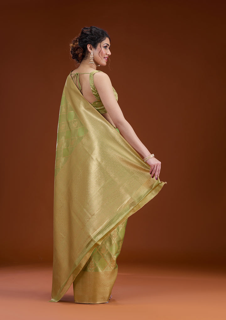 Leaf Green Silk Checks Gold Zariwork Saree With Matching Blouse Piece