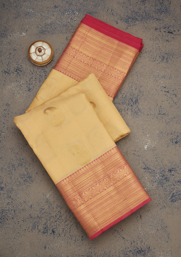 Cream Silk Buti Gold Zariwork Saree With Matching Blouse Piece