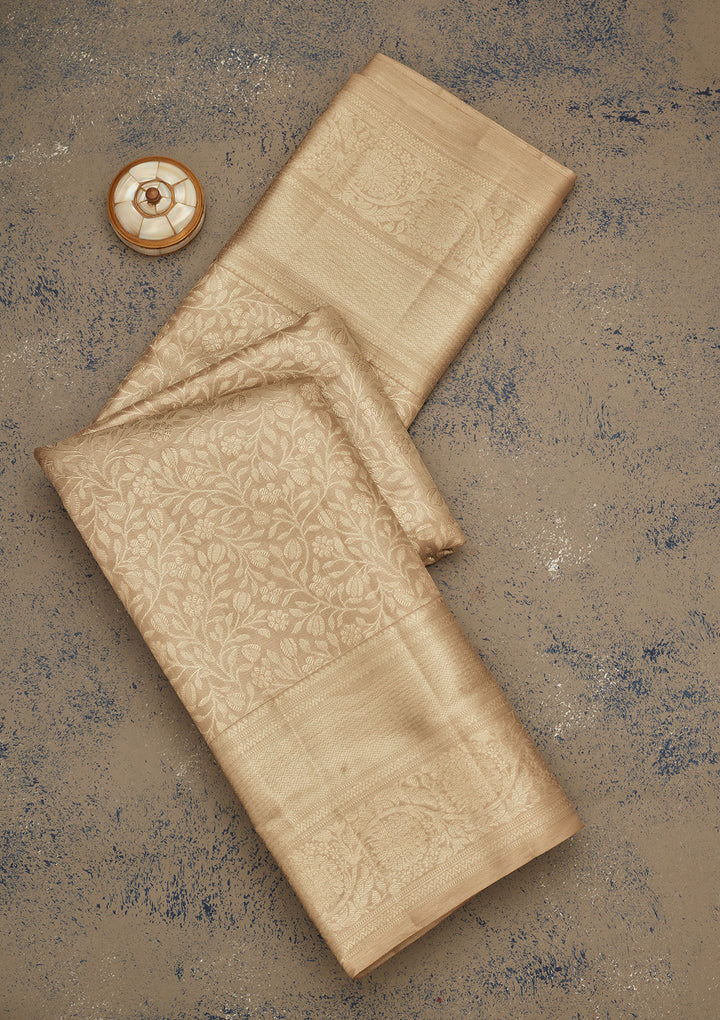 Grey Silk Jaal Gold Zariwork Saree With Matching Blouse Piece