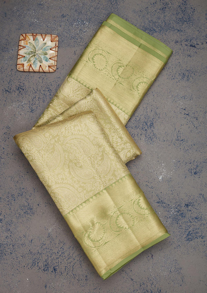 Pista Green Silk Jaal Gold Zariwork Saree With Matching Blouse Piece