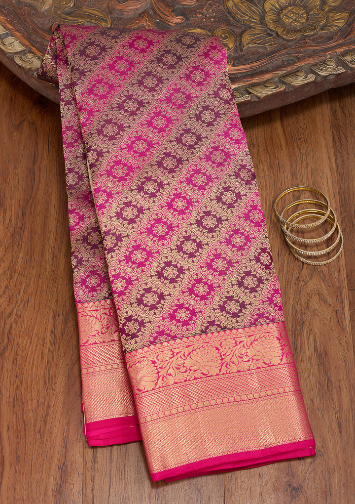 Wine Silk Jaal Gold Zariwork Saree With Matching Blouse Piece