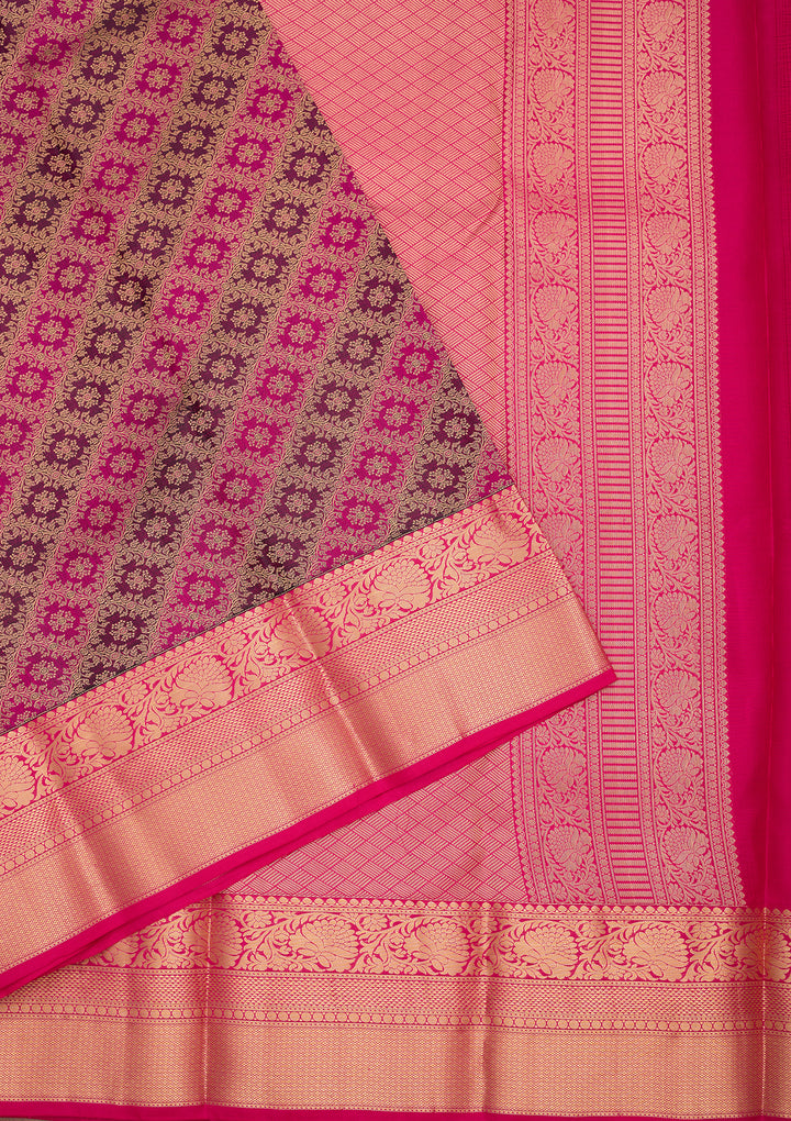 Wine Silk Jaal Gold Zariwork Saree With Matching Blouse Piece