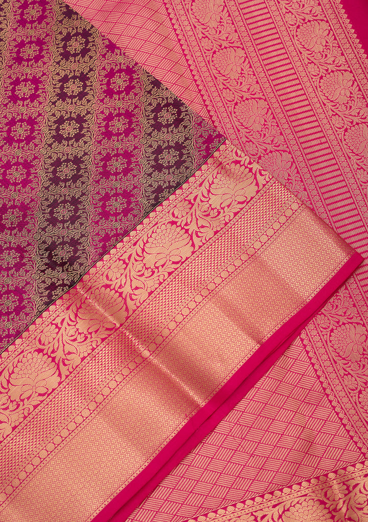 Wine Silk Jaal Gold Zariwork Saree With Matching Blouse Piece