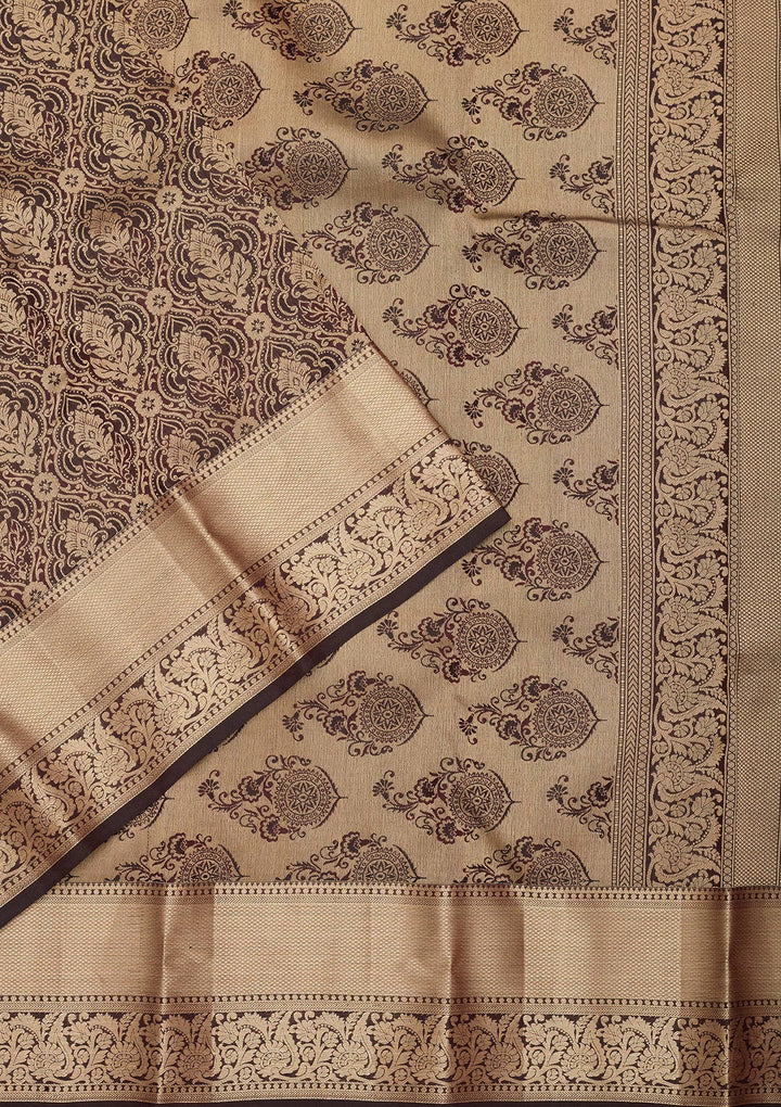 Brown Silk Jaal Saree With Matching Blouse Piece
