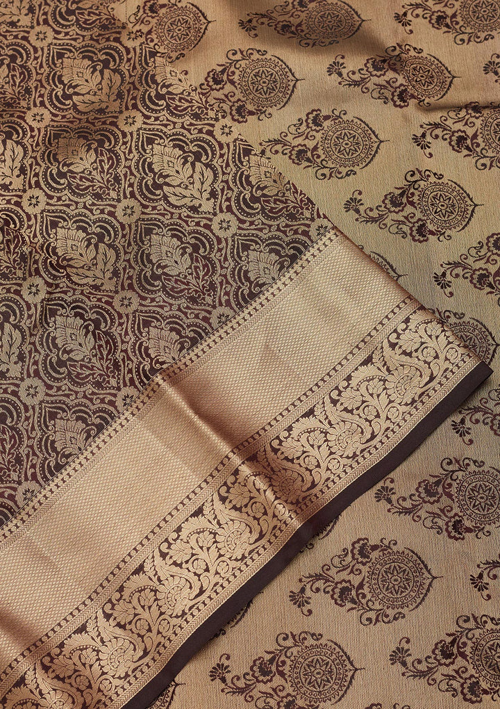 Brown Silk Jaal Saree With Matching Blouse Piece