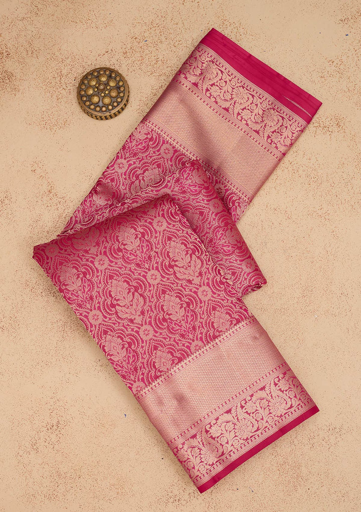 Rani Pink Pure Silk Jaal Zariwork Saree With Matching Blouse Piece