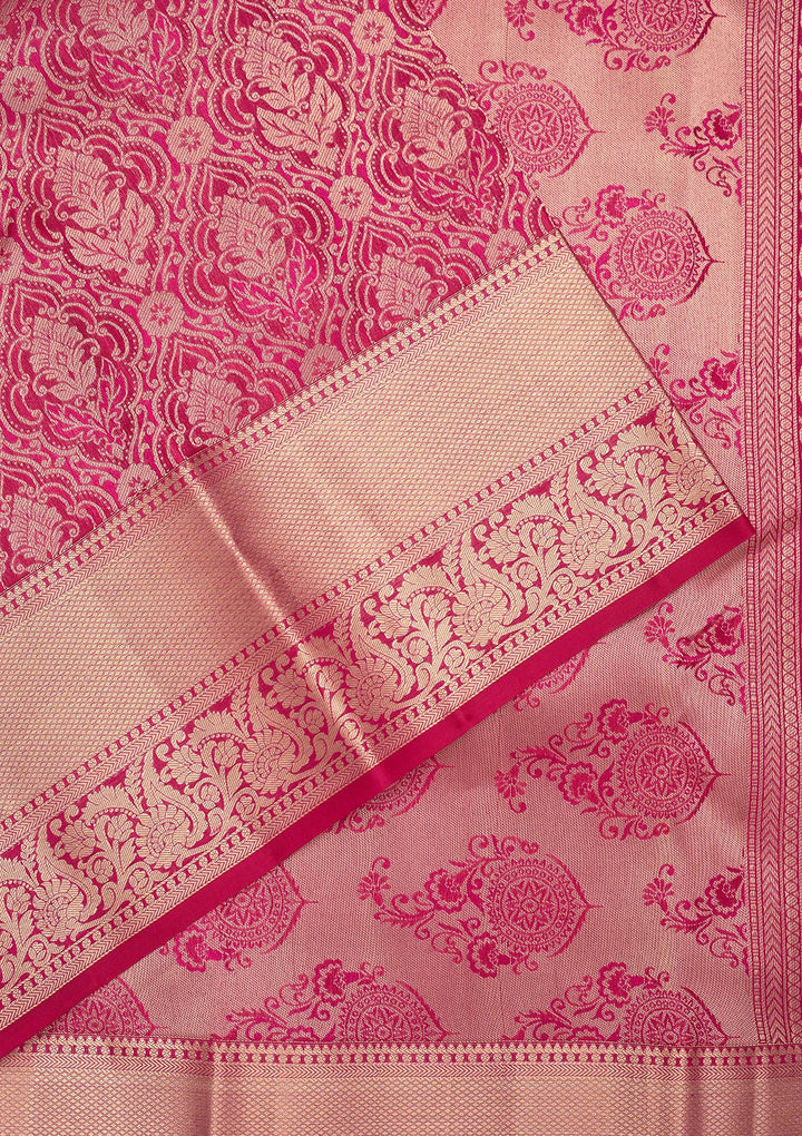 Rani Pink Pure Silk Jaal Zariwork Saree With Matching Blouse Piece