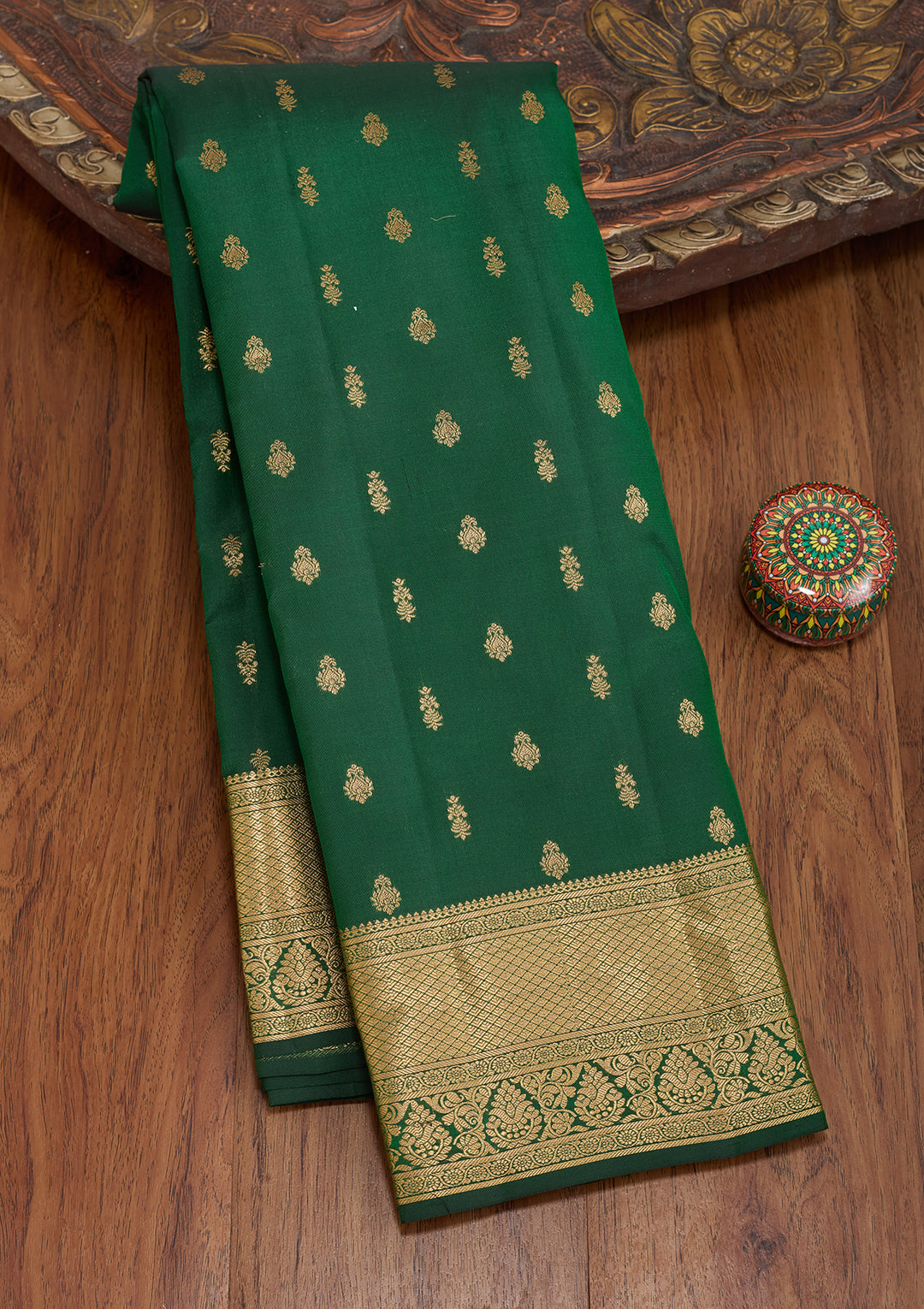 Bottle Green Silk Buti Gold Zariwork Saree With Matching Blouse Piece