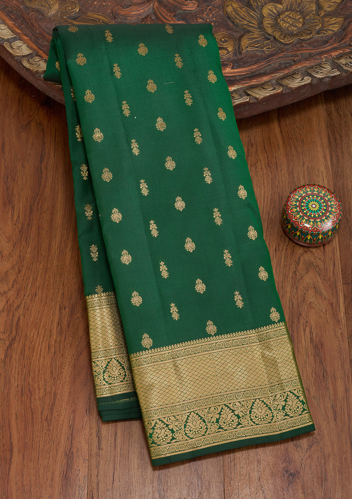 Bottle Green Silk Buti Gold Zariwork Saree With Matching Blouse Piece