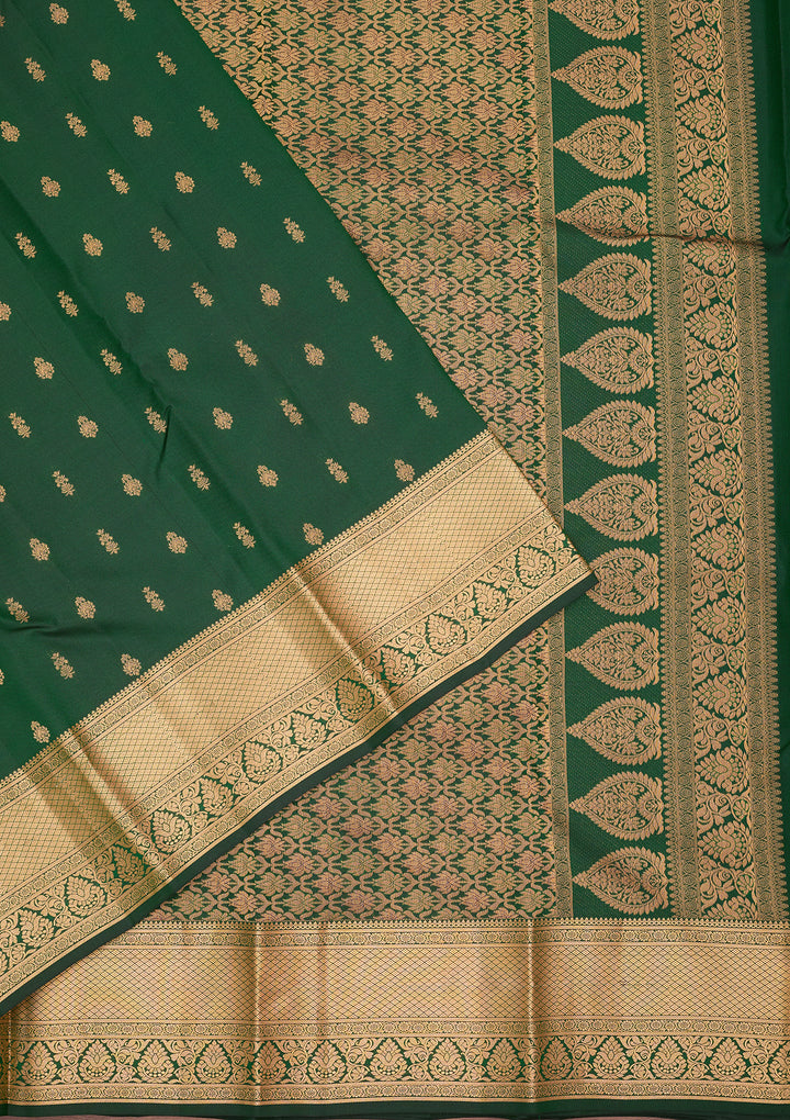 Bottle Green Silk Buti Gold Zariwork Saree With Matching Blouse Piece