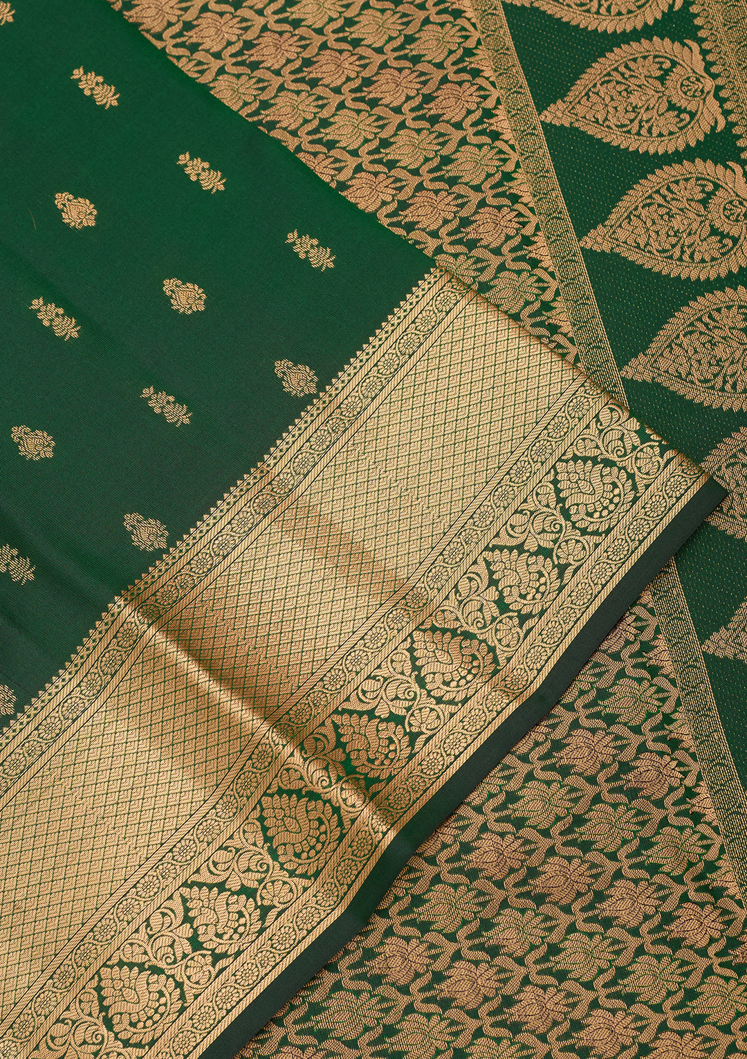 Bottle Green Silk Buti Gold Zariwork Saree With Matching Blouse Piece