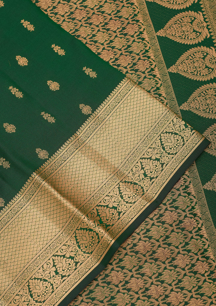 Bottle Green Silk Buti Gold Zariwork Saree With Matching Blouse Piece