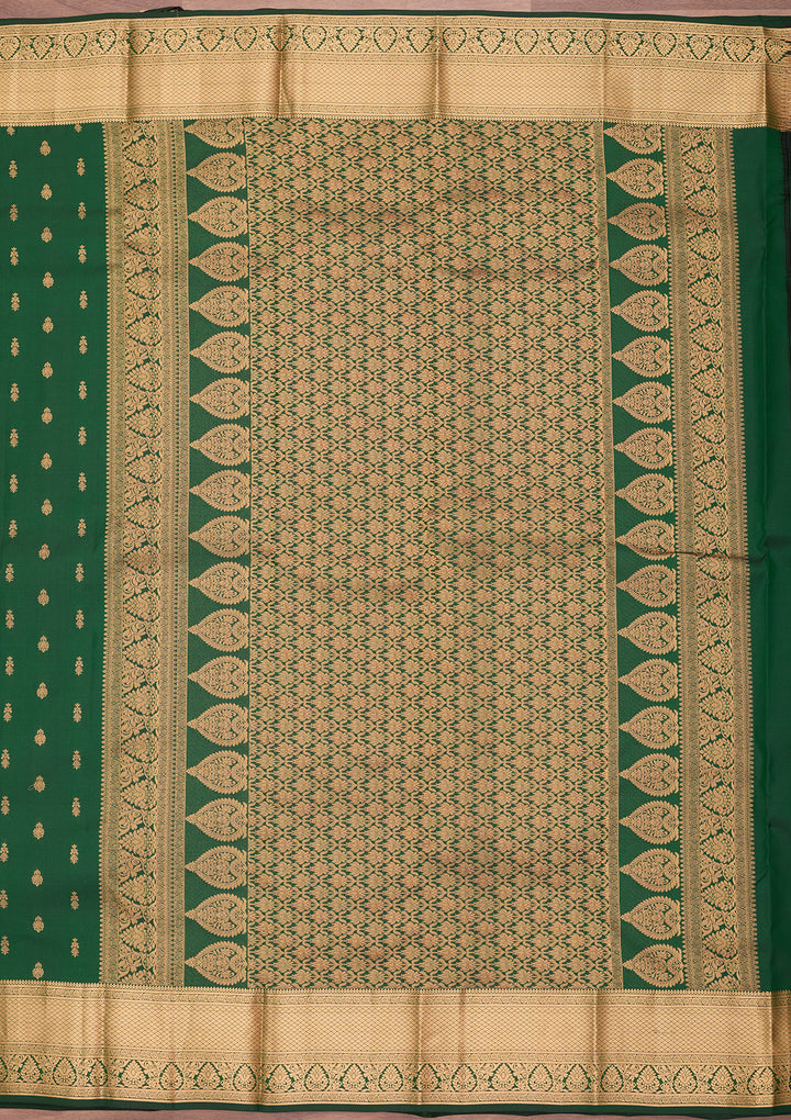 Bottle Green Silk Buti Gold Zariwork Saree With Matching Blouse Piece