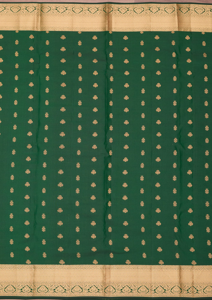 Bottle Green Silk Buti Gold Zariwork Saree With Matching Blouse Piece