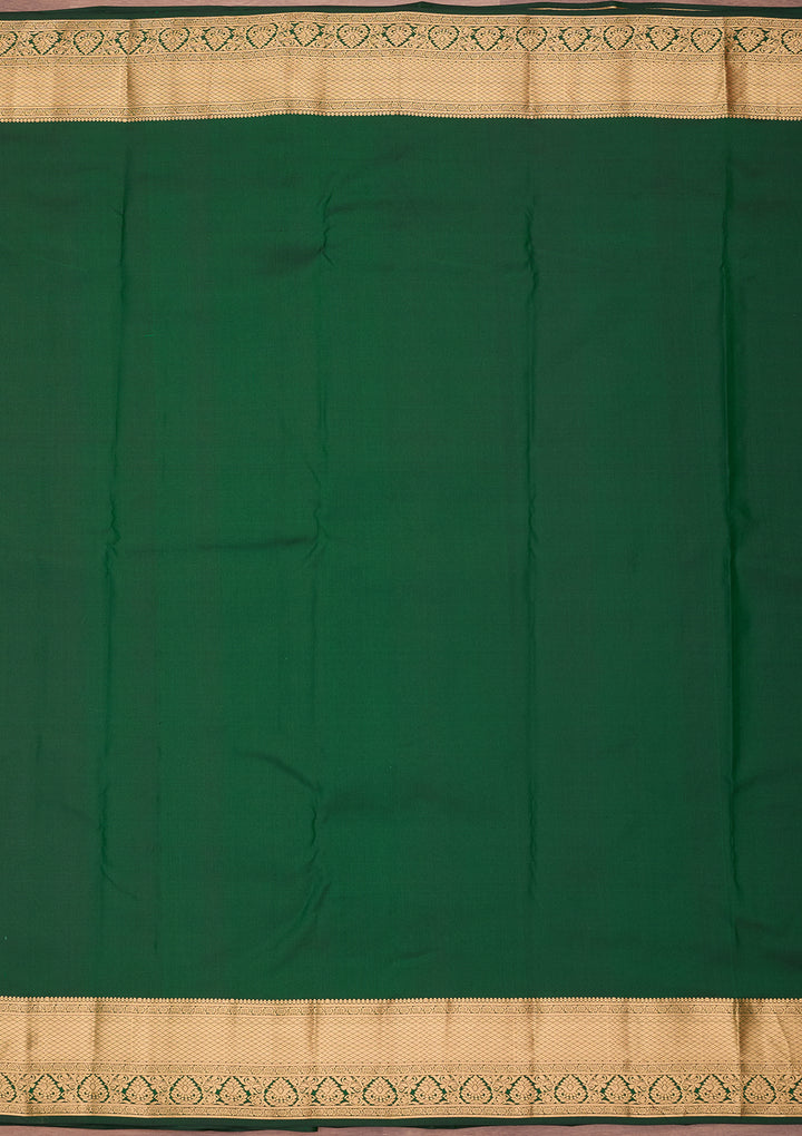 Bottle Green Silk Buti Gold Zariwork Saree With Matching Blouse Piece
